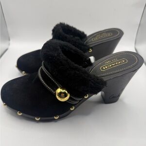 COACH Black Ivanka Suede Mules~Shearling Trim~Gold Accents~Sz 8.5